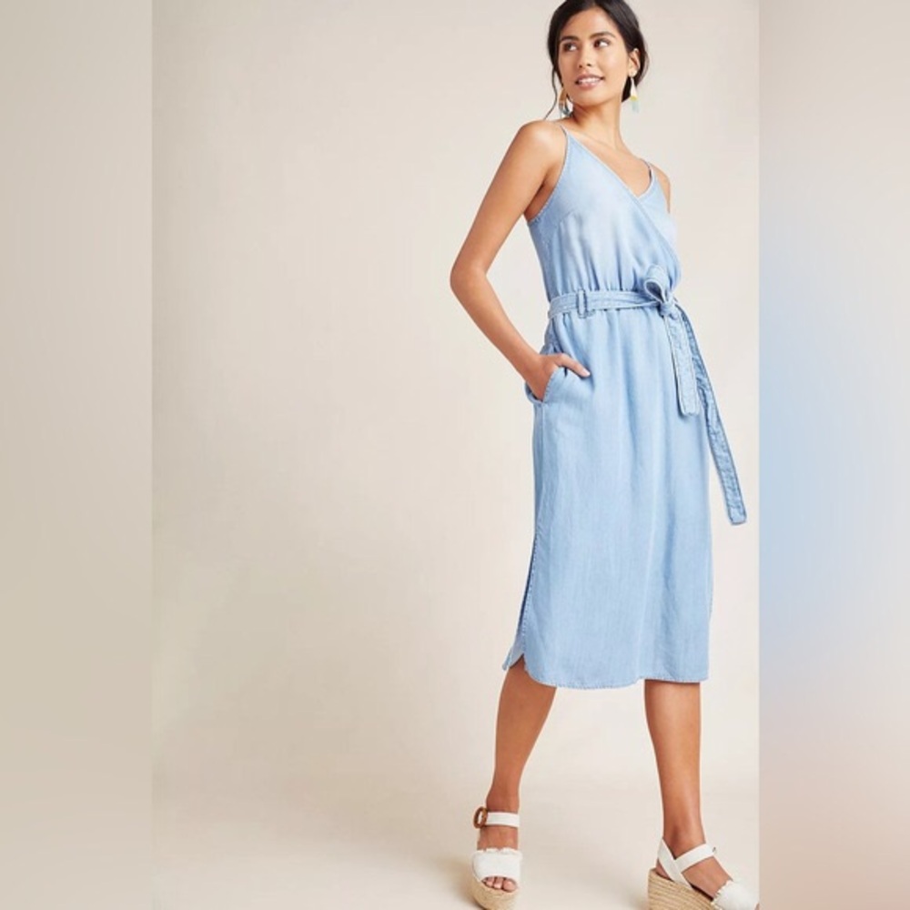 Anthropologie Cloth & Stone surplice Light Blue Sleeveless Belted Dress